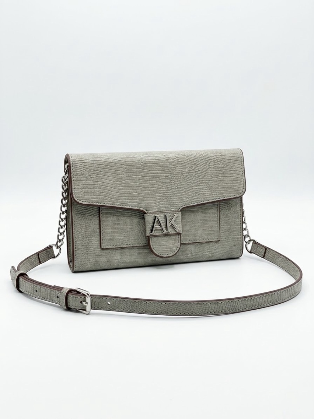 Anne Klein Grey Lizard Embossed Flap Crossbody Bag
